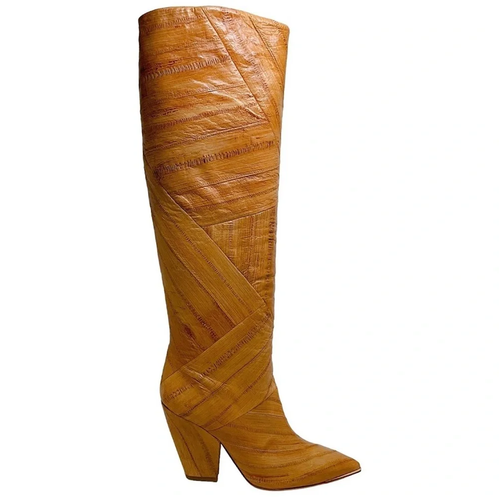 Tory Burch Lila 90mm Knee High Tan Beige Leather Tall Slouch Heeled Boot size 7